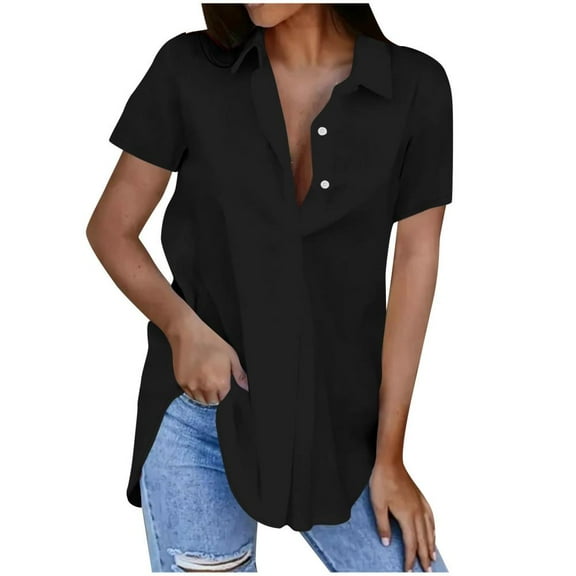 VERUGU Womens Tops Short Sleeve Lapel Buttons Shirts Summer Trendy Solid Dressy T Shirts Loose Casual Comfy Tunic Blouses for Leggings Black M