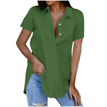 VERUGU Womens Tops Short Sleeve Lapel Buttons Shirts Summer Trendy Solid Dressy T Shirts Loose Casual Comfy Tunic Blouses for Leggings Green S
