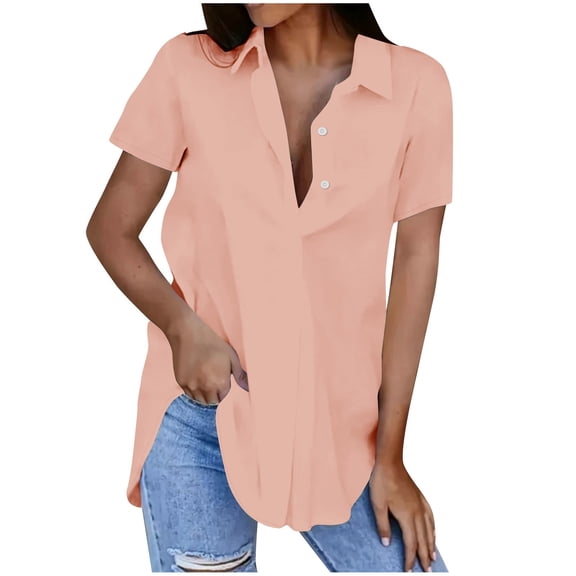 VERUGU Womens Tops Short Sleeve Lapel Buttons Shirts Summer Trendy Solid Dressy T Shirts Loose Casual Comfy Tunic Blouses for Leggings Pink XL