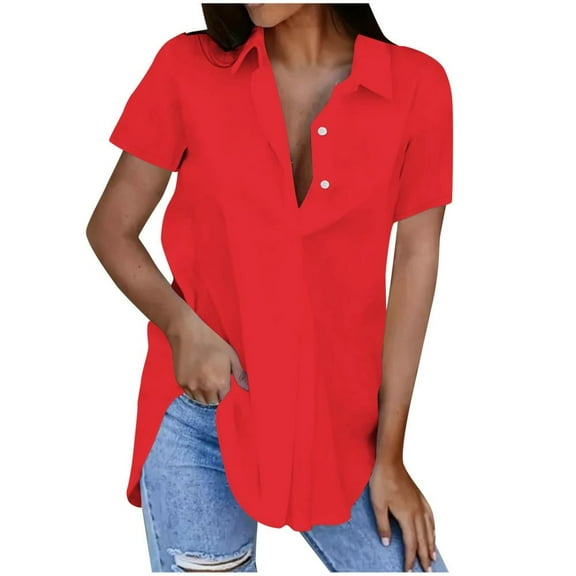 VERUGU Womens Tops Short Sleeve Lapel Buttons Shirts Summer Trendy Solid Dressy T Shirts Loose Casual Comfy Tunic Blouses for Leggings Red S