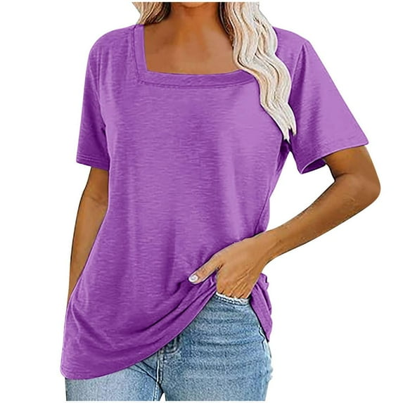 VERUGU Womens Tops Short Sleeve Square Neck Shirts Summer Solid Loungewear Plain Base Tee Casual Loose Comfy Tunic Blouses for Leggings Purple XL