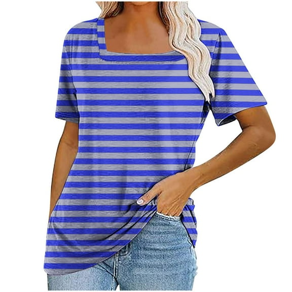 VERUGU Womens Tops Short Sleeve Square Neck Shirts Summer Trendy Stripe T-shirts Loungewear Casual Loose Comfy Tunic Blouses for Leggings Blue XXL