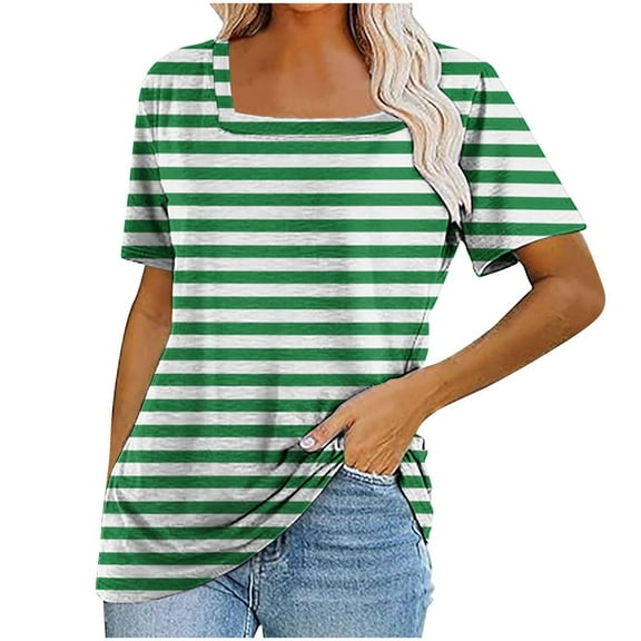 VERUGU Womens Tops Short Sleeve Square Neck Shirts Summer Trendy Stripe T-shirts Loungewear Casual Loose Comfy Tunic Blouses for Leggings Green XXL