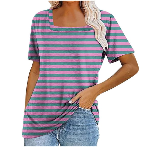 VERUGU Womens Tops Short Sleeve Square Neck Shirts Summer Trendy Stripe T-shirts Loungewear Casual Loose Comfy Tunic Blouses for Leggings Hot Pink S