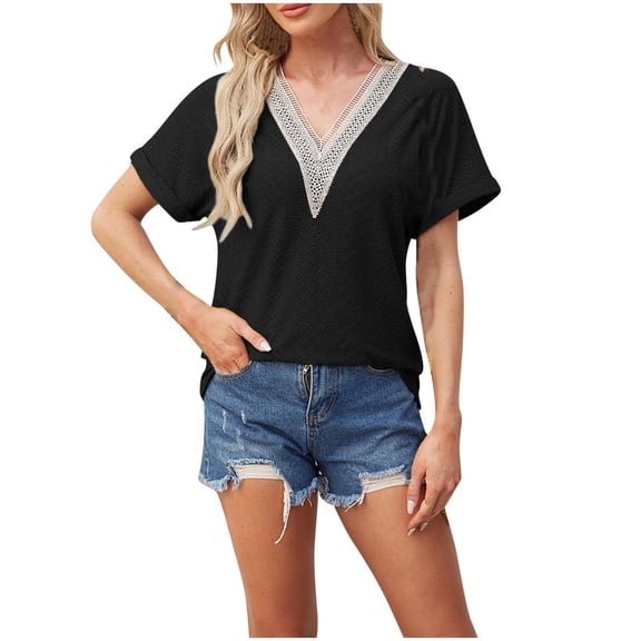 VERUGU Womens Tops Short Sleeve V-Neck Folded Cuffs Shirts Summer Trendy Knit Neckline Solid T Shirts Loose Casual Blouses for Leggings Black M