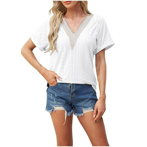 VERUGU Womens Tops Short Sleeve V-Neck Folded Cuffs Shirts Summer Trendy Knit Neckline Solid T Shirts Loose Casual Blouses for Leggings White M