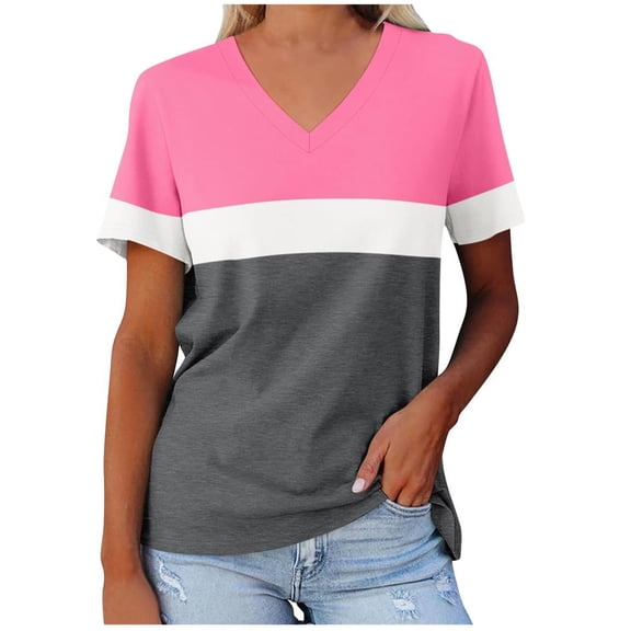 VERUGU Womens Tops Short Sleeve V-Neck Shirts Summer Trendy Colorblock Base T-shirts Loose Casual Comfy Tunic Blouses for Leggings Pink S