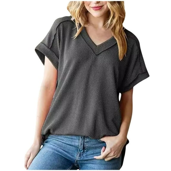 VERUGU Womens Tops Short Sleeve V-Neck Shirts Summer Trendy Knitted Solid Loungewear Base Tee Casual Plain Loose Comfy Tunic Blouses Dark Gray S