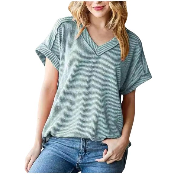 VERUGU Womens Tops Short Sleeve V-Neck Shirts Summer Trendy Knitted Solid Loungewear Base Tee Casual Plain Loose Comfy Tunic Blouses Green S