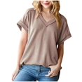 thumbnail image 1 of VERUGU Womens Tops Short Sleeve V-Neck Shirts Summer Trendy Knitted Solid Loungewear Base Tee Casual Plain Loose Comfy Tunic Blouses Khaki S, 1 of 8
