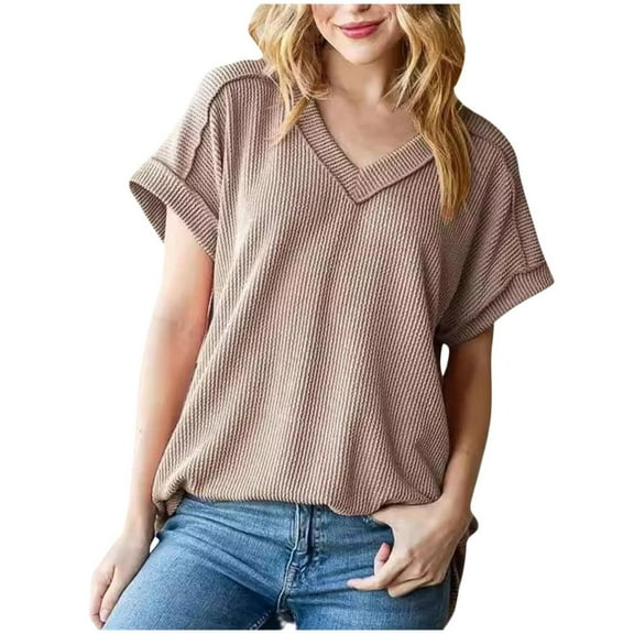 VERUGU Womens Tops Short Sleeve V-Neck Shirts Summer Trendy Knitted Solid Loungewear Base Tee Casual Plain Loose Comfy Tunic Blouses Khaki S