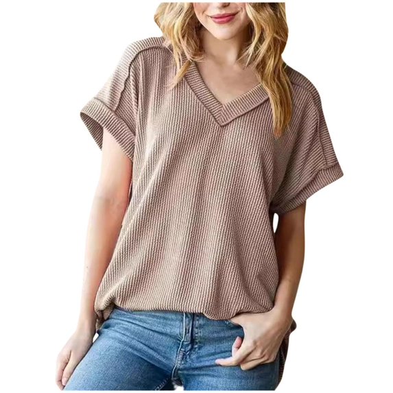 VERUGU Womens Tops Short Sleeve V-Neck Shirts Summer Trendy Knitted Solid Loungewear Base Tee Casual Plain Loose Comfy Tunic Blouses Khaki S