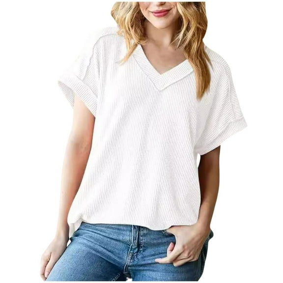 VERUGU Womens Tops Short Sleeve V-Neck Shirts Summer Trendy Knitted Solid Loungewear Base Tee Casual Plain Loose Comfy Tunic Blouses White XXL