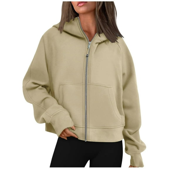 VERUGU Womens Tops Solid Fashion Pocket Sweatshirt Loose Fitness Zipper Hooded Casual Sweater Khaki M