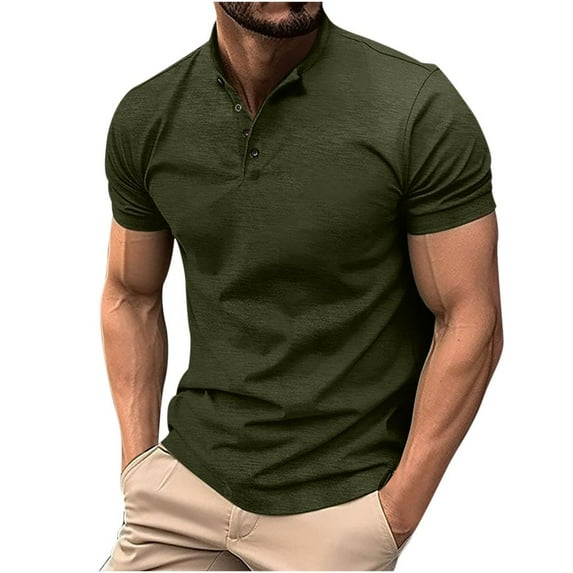 VERUGU Workout Shirts for Men Casual Button Short Sleeve Turndown Pullover T-Shirt Sports Tops Army Green XL