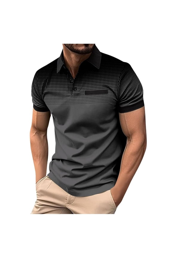 Workout Shirts for Men Polka Gradient Lapel Button SporShort Sleeve Lapel Top Shirt Black 3XL