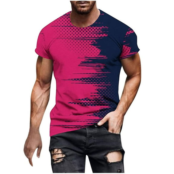 VERUGU Workout Shirts for Men Print Short Sleeve Round Neck T-shirt Casual Fashion Short Sleeve Tops Blouses Hot Pink L