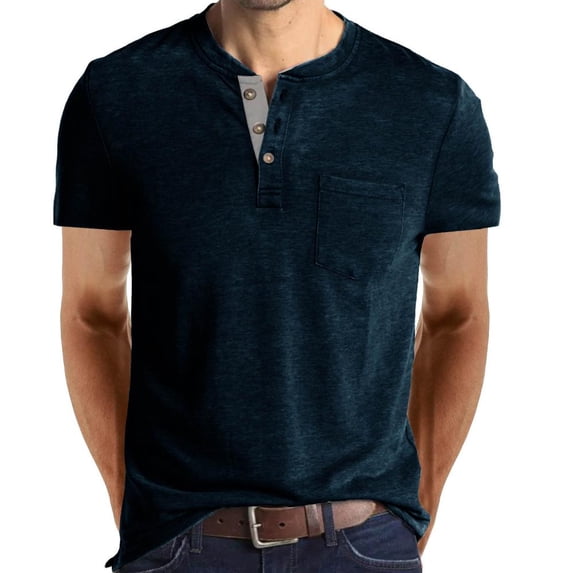 VERUGU Workout Shirts for Men Short Sleeve Beefy Muscle Basic Shirt Buttons Solid Color Gym Blouse Top with Pocket Dark Blue XL