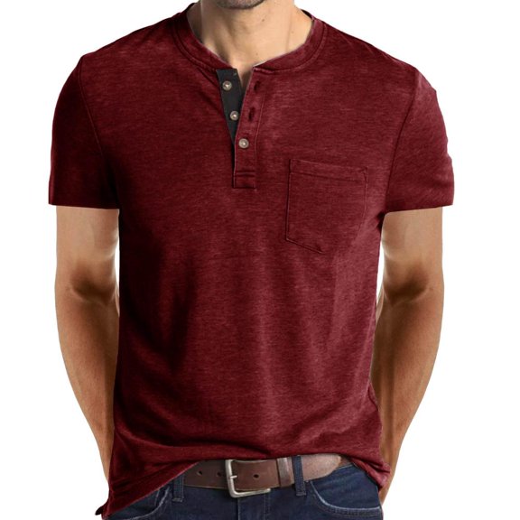 VERUGU Workout Shirts for Men Short Sleeve Beefy Muscle Basic Shirt Buttons Solid Color Gym Blouse Top with Pocket Wine XL