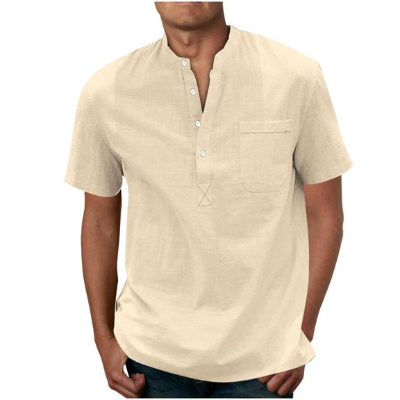 VERUGU Workout Shirts for Men Solid Color Sport Shirt with Button Round Neck Short Sleeve Top Shirt Khaki XL