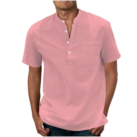 VERUGU Workout Shirts for Men Solid Color Sport Shirt with Button Round Neck Short Sleeve Top Shirt Pink L