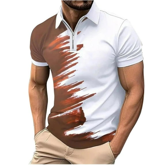 VERUGU Workout Shirts for Men Summer Fashion Print Zipper Tops Lapel Casual Short Sleeve Sports Shirt Blouse Brown XL