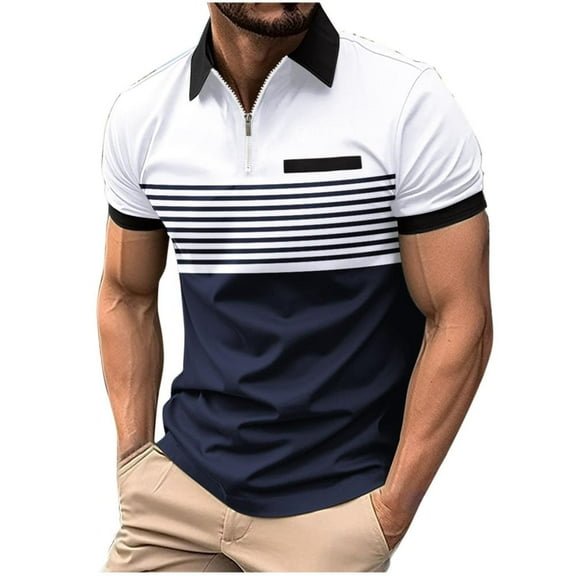 VERUGU Workout Shirts for Men Summer Fashion Stripe Zipper Tops Lapel Casual Short Sleeve Sports Shirt Blouse White L