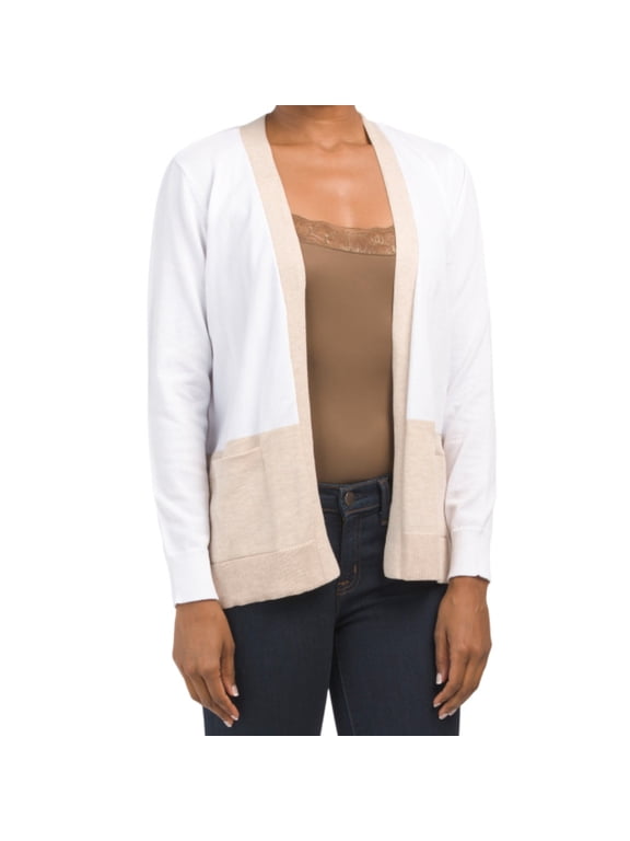 Women's Color Block Open Front Lightweight Knit Cardigan-Beige / M