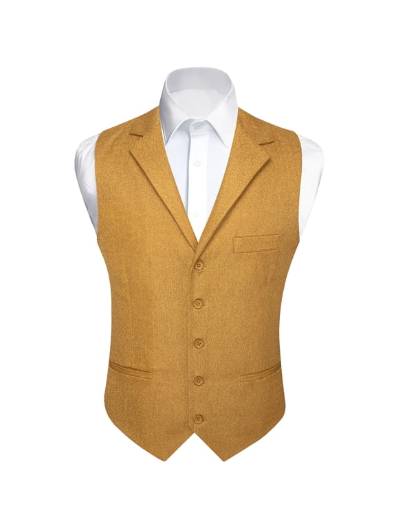 Men's Herringbone Suit Vest, 5 Button Lapel Collar Wedding Waistcoat, Mustard Yellow