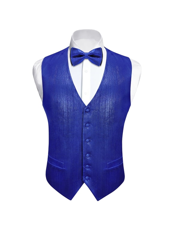 Men's Solid Striped Suit Vest with Bow Tie, 6 Button V Neck Wedding Waistcoat Set, Royal Blue