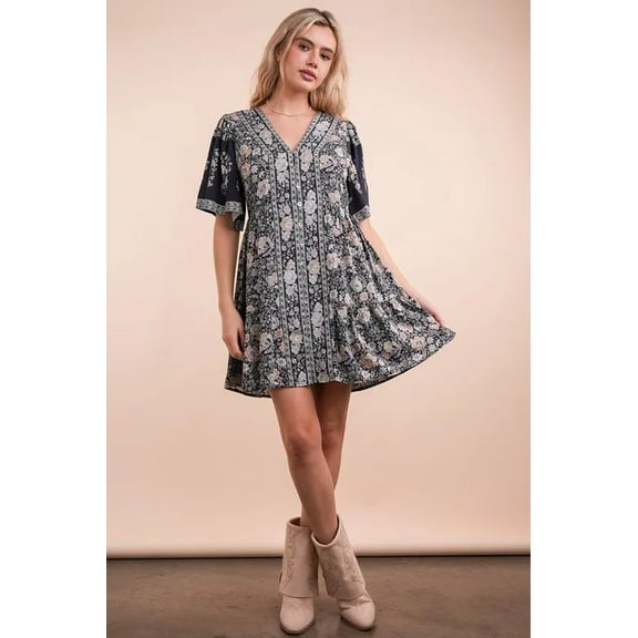 VERY J Shirring Detail Printed Woven Mini Dress