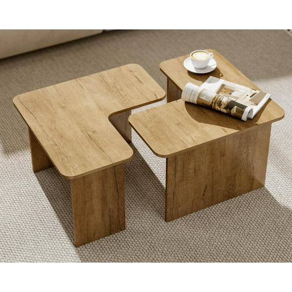 VESCASA Modern L Shaped Nesting Coffee Table Set of 2 Modular Rectangle Walnut Wood Table for Living Room