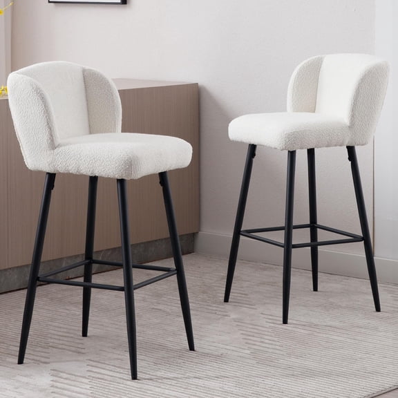 VESCASA Sherpa Fleece Barstools with Padded Mid Back, 30 Inches Upholstered Bar Height Height Bar Stools with Black Metal Legs for Kitchen Island, Set of 2, White