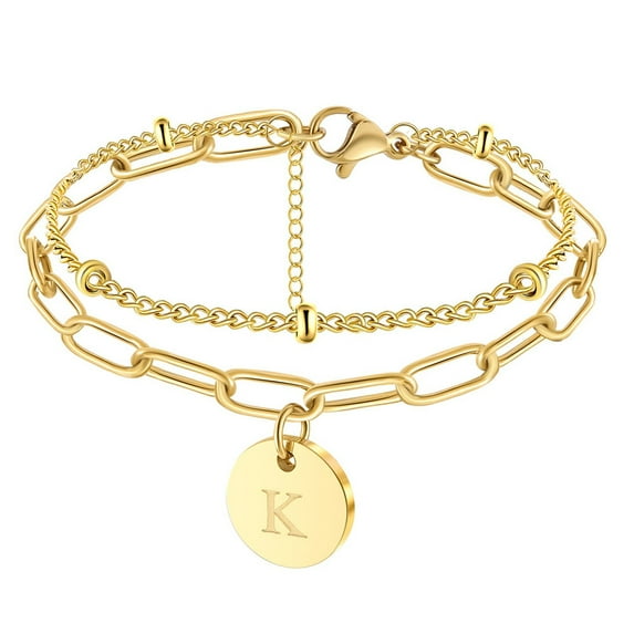 VESITIM 14K Gold Plated Alphabet Initial Bracelet for Women, 26 Letter K Disc Alphabet Bracelet, Jewelry Gift