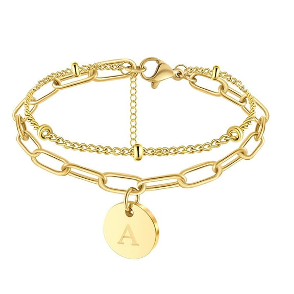 VESITIM 14K Gold Plated Alphabet Initial Bracelet for Women, 26 Letter A Disc Alphabet Bracelet, Jewelry Gift
