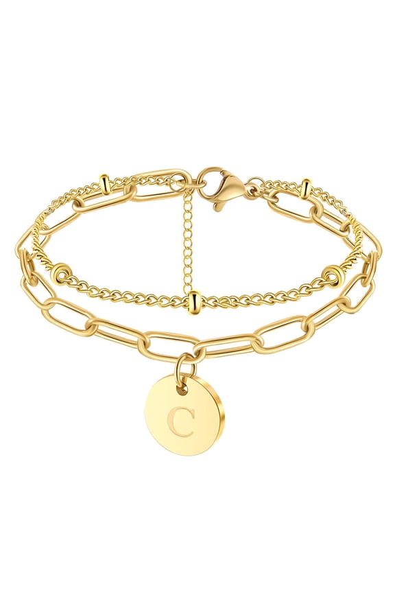 14K Gold Plated Alphabet Initial Bracelet for Women, 26 Letter C Disc Alphabet Bracelet, Jewelry Gift