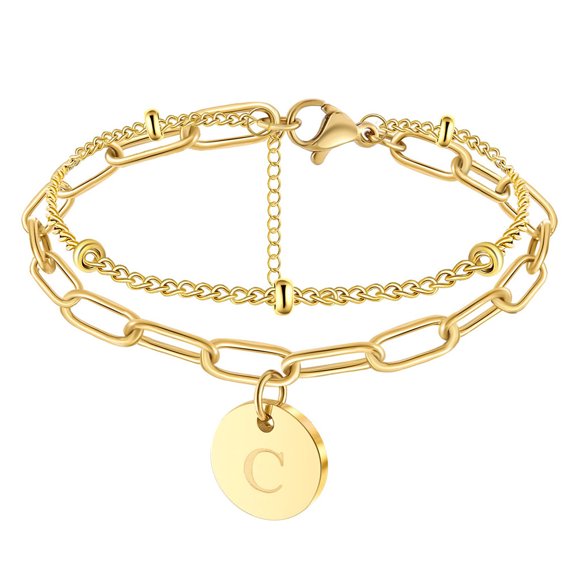 VESITIM 14K Gold Plated Alphabet Initial Bracelet for Women, 26 Letter C Disc Alphabet Bracelet, Jewelry Gift