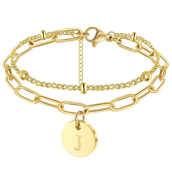 VESITIM 14K Gold Plated Alphabet Initial Bracelet for Women, 26 Letter J Disc Alphabet Bracelet, Jewelry Gift