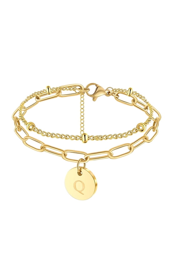 14K Gold Plated Alphabet Initial Bracelet for Women, 26 Letter Q Disc Alphabet Bracelet, Jewelry Gift