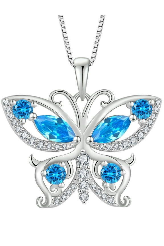 925 Sterling Silver Butterfly Pendant Necklace for Women Created Aquamarine Birthstone Jewelry for Mother's Day/Birthday Gifts