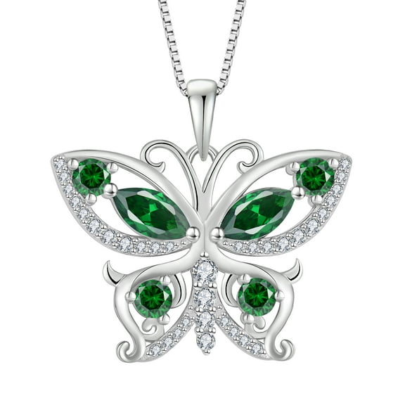 VESITIM 925 Sterling Silver Butterfly Pendant Necklace for Women Created Emerald Birthstone Jewelry for Mother's Day/Birthday Gifts