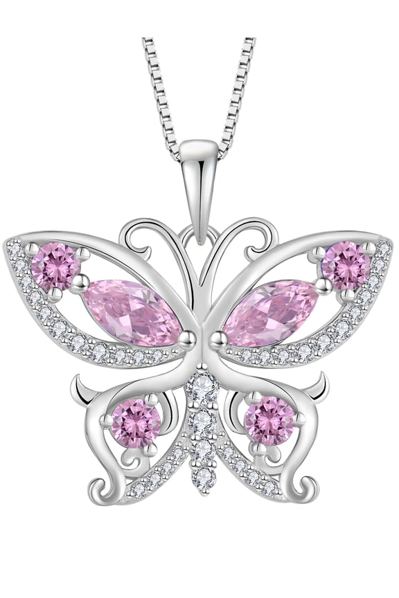 925 Sterling Silver Butterfly Pendant Necklace for Women Created Pink Tourmaline Birthstone Jewelry for Mother's Day/Birthday Gifts