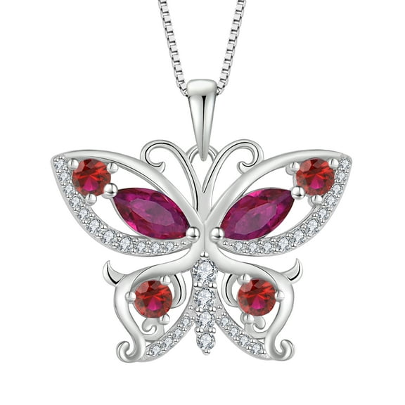 VESITIM 925 Sterling Silver Butterfly Pendant Necklace for Women Created Ruby Birthstone Jewelry for Mother's Day/Birthday Gifts