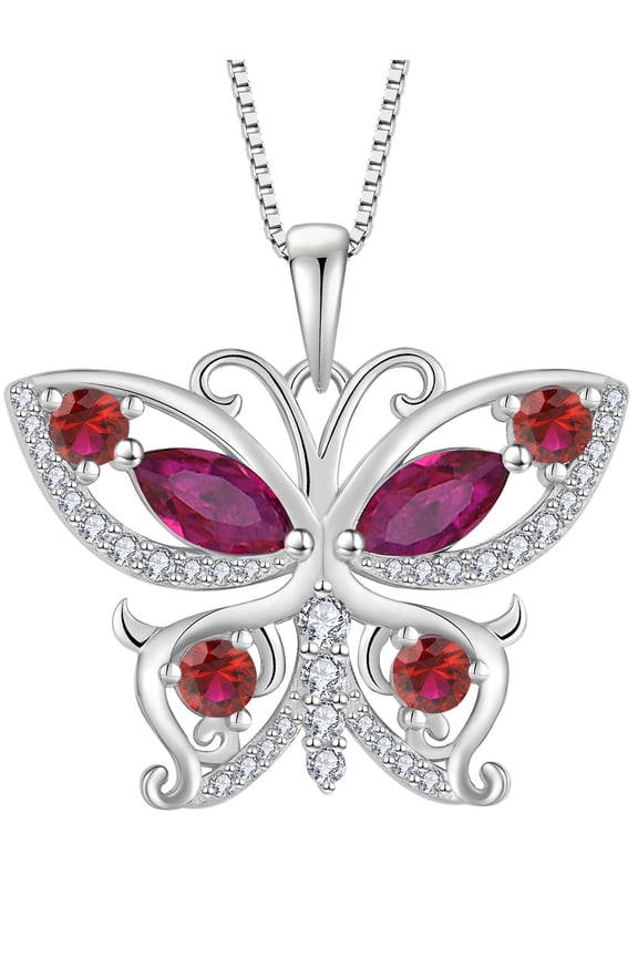 925 Sterling Silver Butterfly Pendant Necklace for Women Created Ruby Birthstone Jewelry for Mother's Day/Birthday Gifts