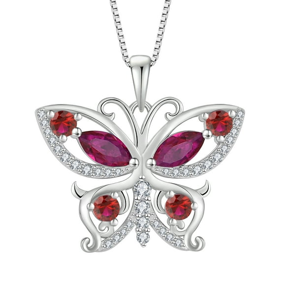 VESITIM 925 Sterling Silver Butterfly Pendant Necklace for Women Created Ruby Birthstone Jewelry for Mother's Day/Birthday Gifts