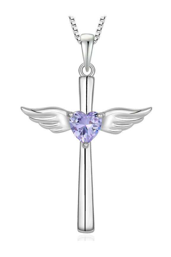 Angel Wings Cross Necklace 925 Sterling Silver Heart Pendant Birthstone Created Alexandrite Religious Jewelry for Women