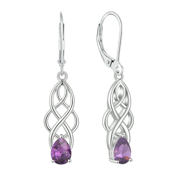 VESITIM Celtic Dangle Drop Earrings Sterling Silver Gemstones Good Luck Celtic Knot for Women Rhodium Plated Jewelry with February Birthstone Created Amethyst
