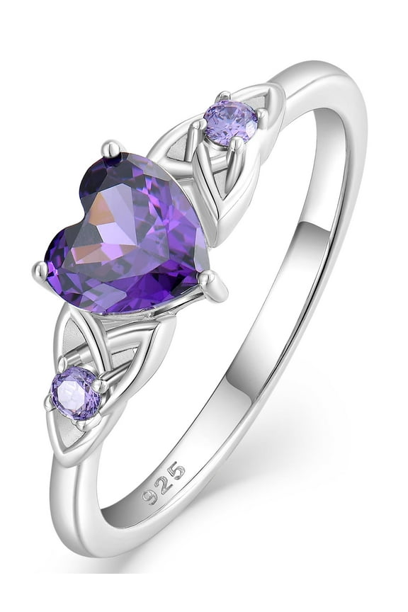 Celtic Knot Rings for Women 925 Sterling Silver Promise Ring for Her Wedding Engagement Band Heart Birthstone Created Amethyst Jewelry Gift Size 8