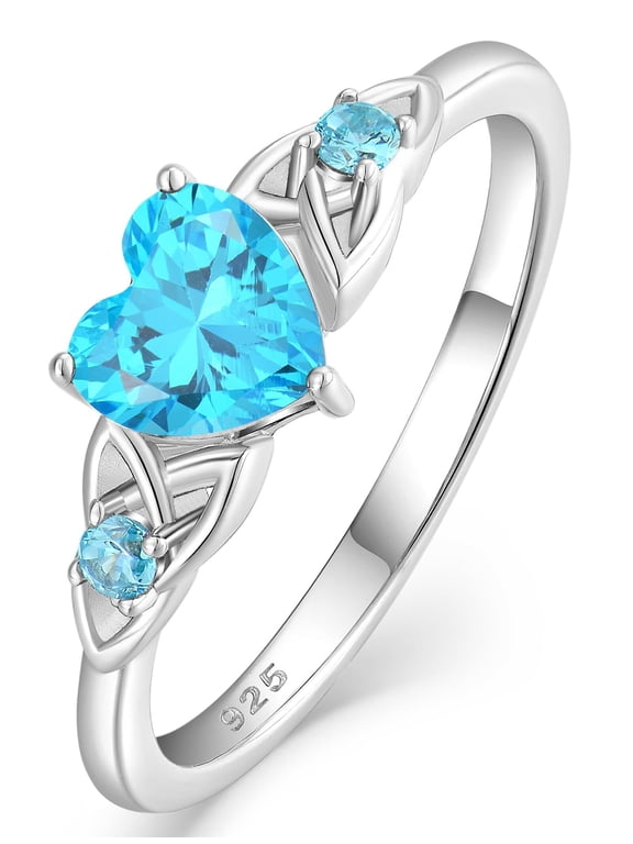 Celtic Knot Rings for Women 925 Sterling Silver Promise Ring for Her Wedding Engagement Band Heart Birthstone Created Aquamarine Jewelry Gift Size 6