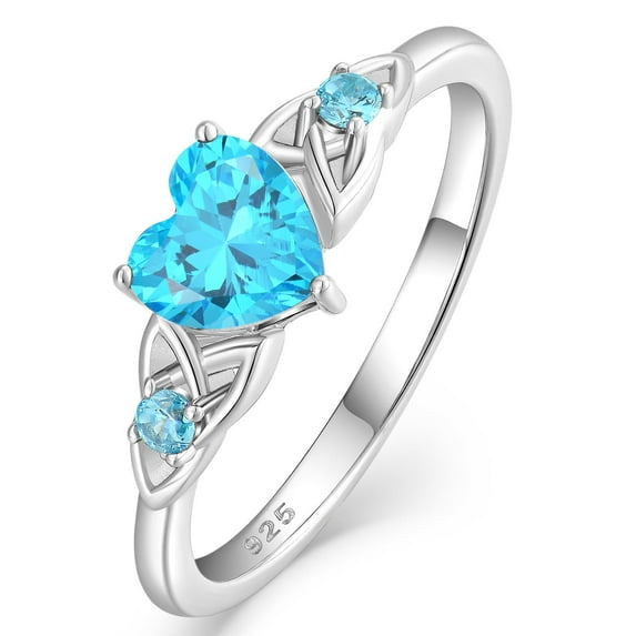 VESITIM Celtic Knot Rings for Women 925 Sterling Silver Promise Ring for Her Wedding Engagement Band Heart Birthstone Created Aquamarine Jewelry Gift Size 8